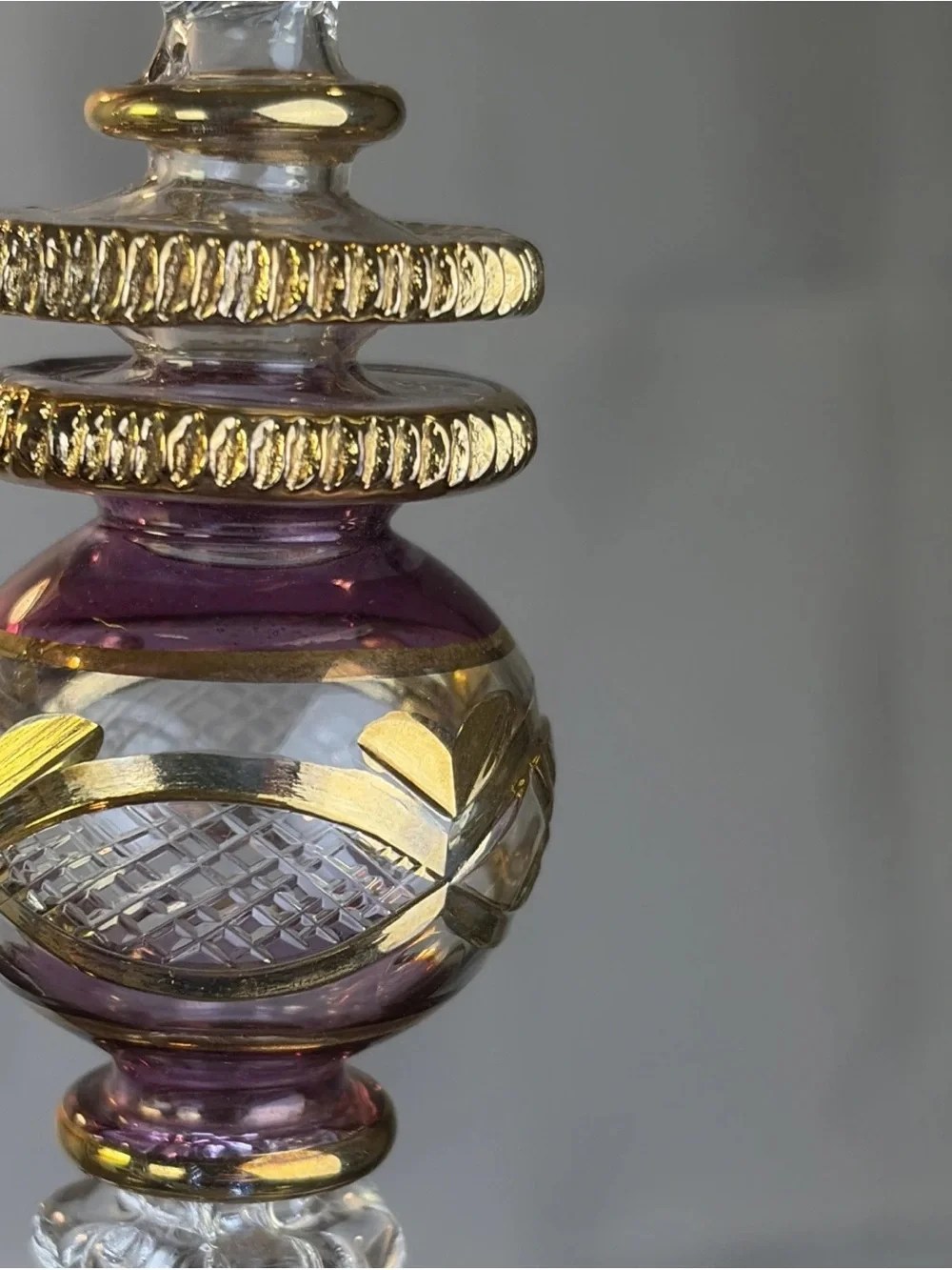 Set of 2 Egyptian Hand Blown Fancy Gold Purple Etched Glass Christmas Ornaments